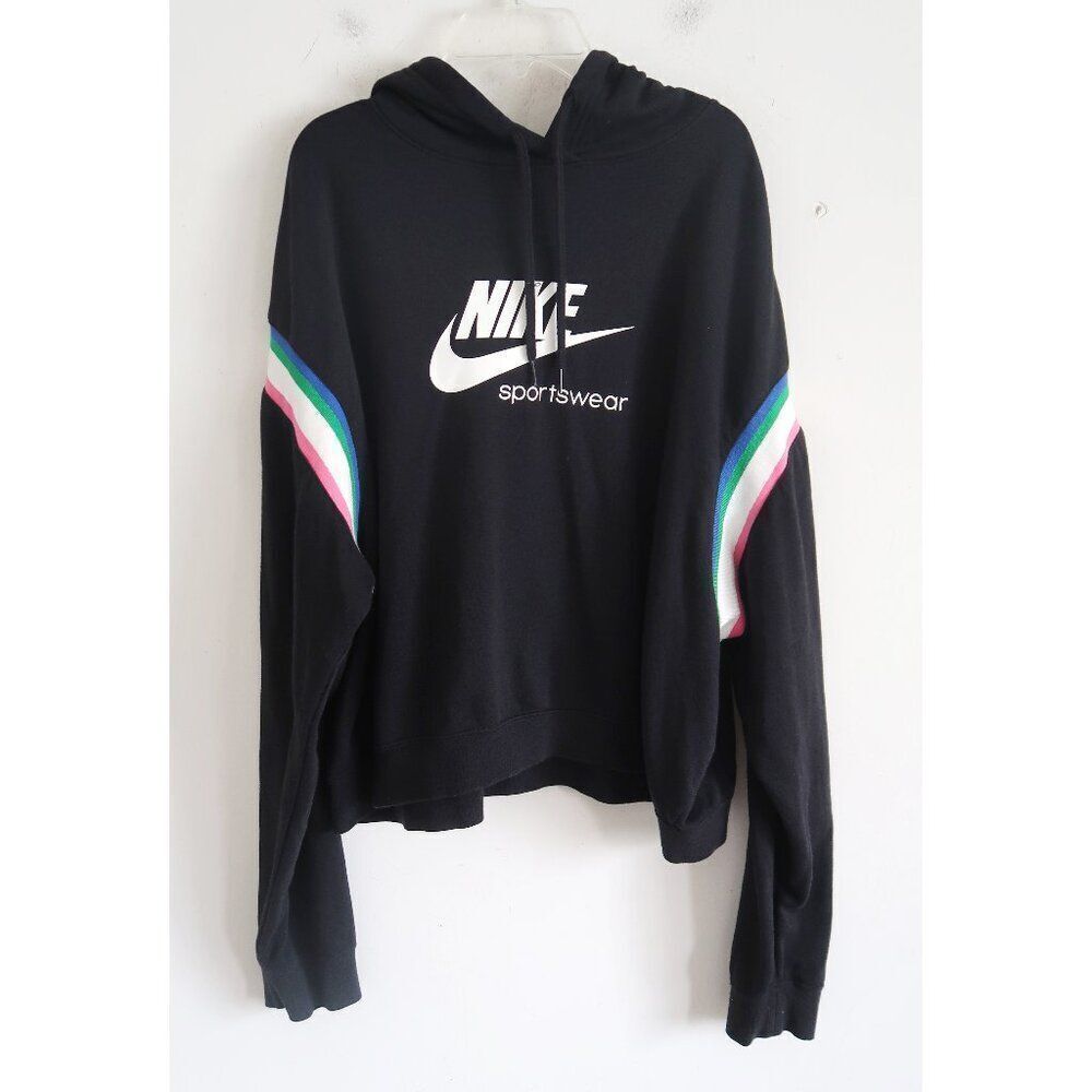 Nike Sportswear Black Hoodie with Striped Sleeves - Size XL
